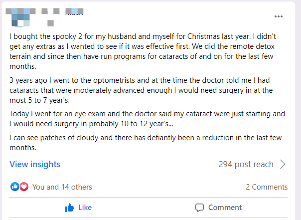 Kundenbewertung zur Spooky2 Anwendung bei Katarakt