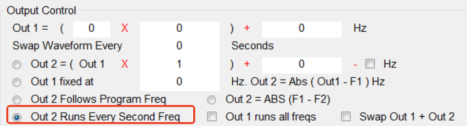 Out 2 runs every second frequency – Einstellung
