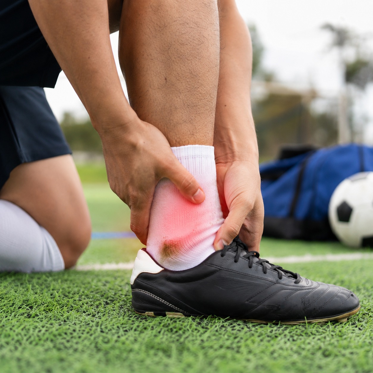 Fußballspieler mit einer Verletzung am Sprunggelenk