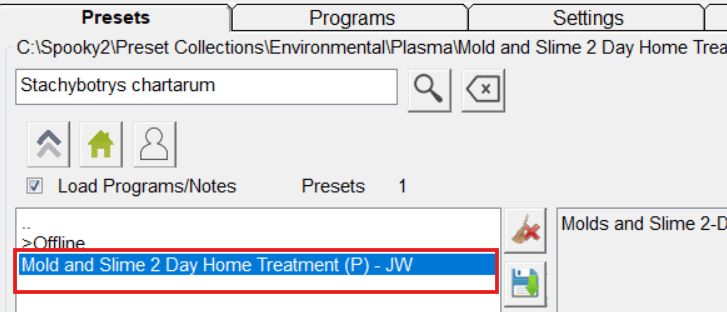 Mold and Slime 2 Day Home Treatment Preset in der Spooky2 Software