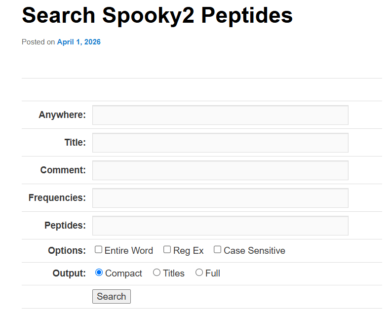 Suchmaschine Search Spooky2 Peptides mit verschiedenen Suchfeldern und Optionen