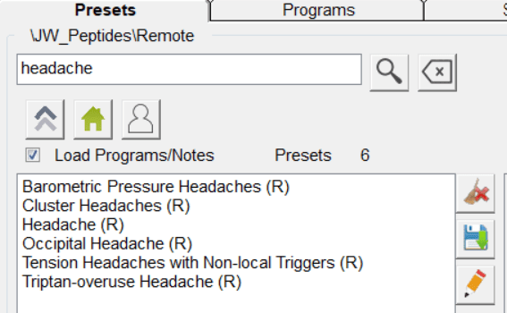 Suche nach Headache im Remote-Ordner der Spooky2-Software